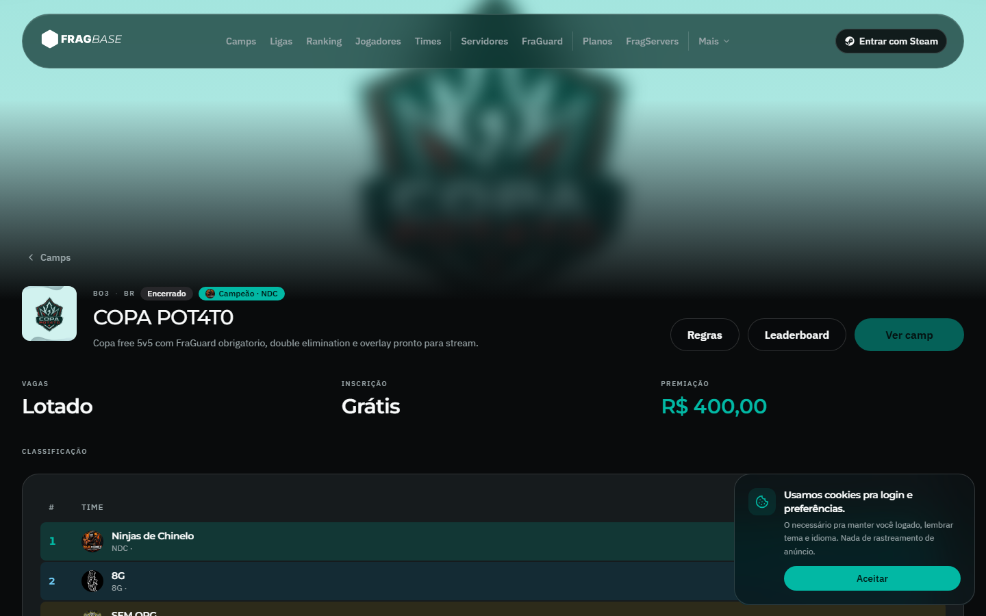 Pagina de camp na Fragbase com regras, premio e inscricao