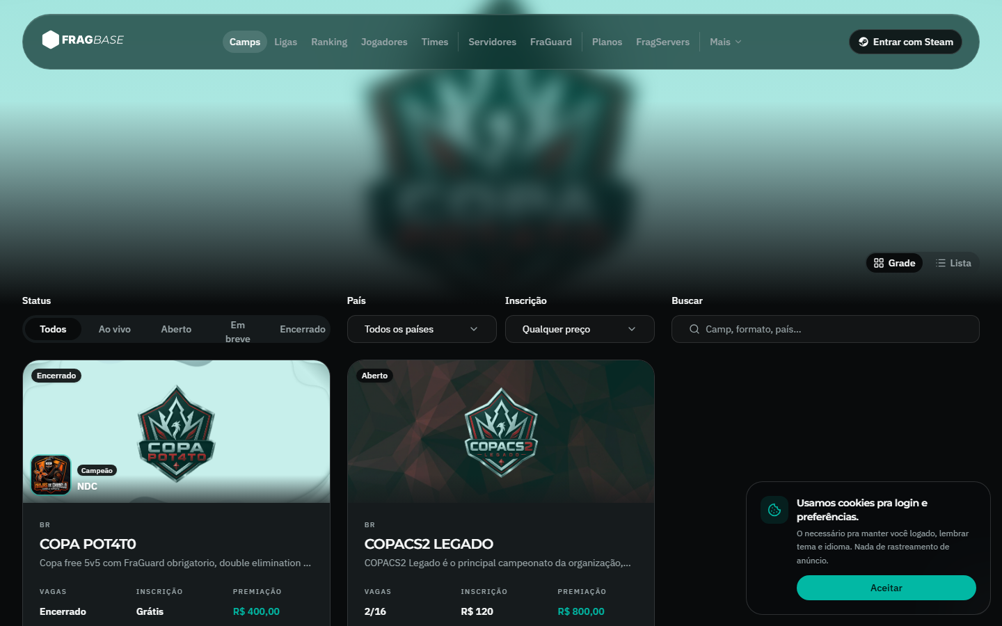 Lista de camps na Fragbase com status, formato e inscricoes