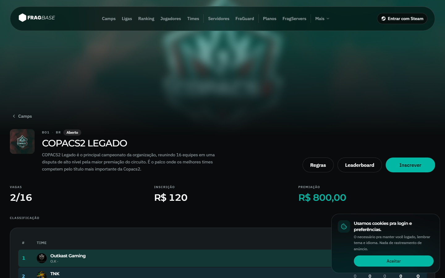 Detalhe de camp aberto na Fragbase com vagas e inscricao